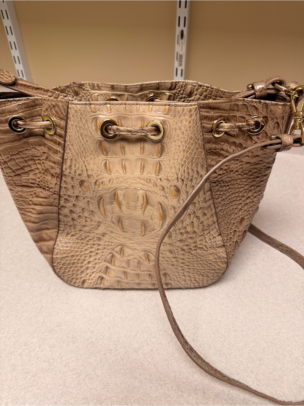 Brahmin Croc-Embossed Drawstring Shoulder Bag in Taupe Brown - Picture 3 of 4